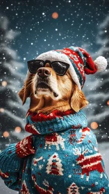 Dog wears Christmas sweater and hat in snowy outdoor scene