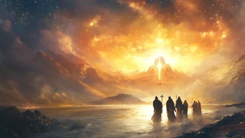 Pilgrims walk toward a radiant celestial mountain gateway.