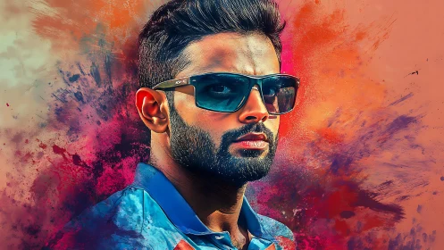 Sunglassed maverick surfering a storm of electric color.