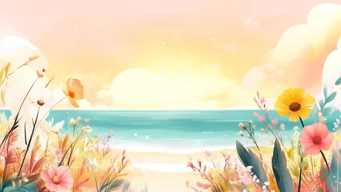 Sunlit shoreline garden dreaming in pastel ocean hush.