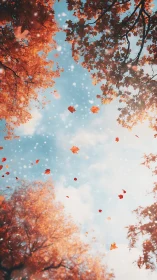 Autumn canopy viewed upward with drifting leaves in soft focus