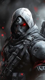 Armored hooded soldier wears mask and glowing red visor