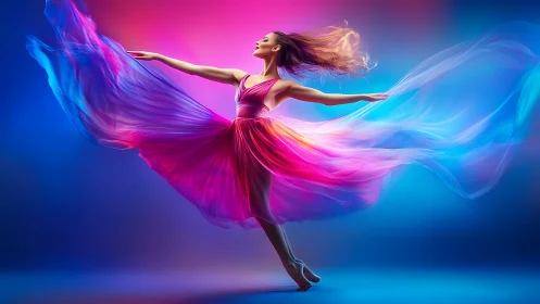Ethereal ballet dancer spins through neon flowing colors.