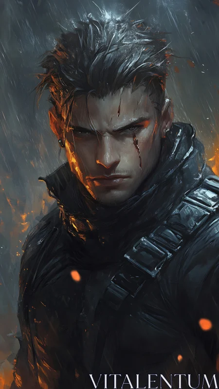 Brooding warrior in rainlit armor amid rising embers.
