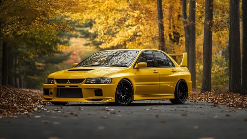 Golden sports sedan resting under glowing autumn trees.