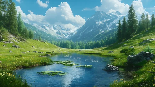 Mountain lake with meadow, pines, and distant snowy peaks.