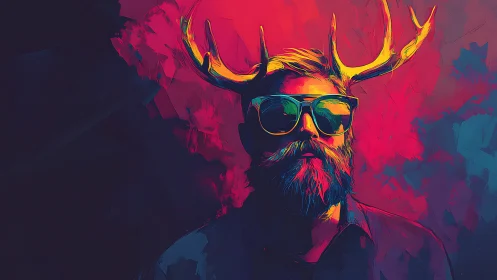 Neon stag-helmed portrait in saturated digital abstraction.