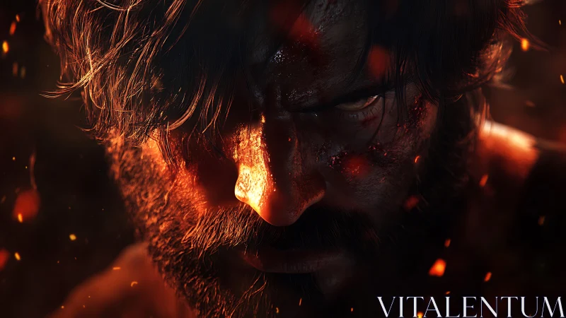 Embers crown a battle-scorched warrior locked in burning focus