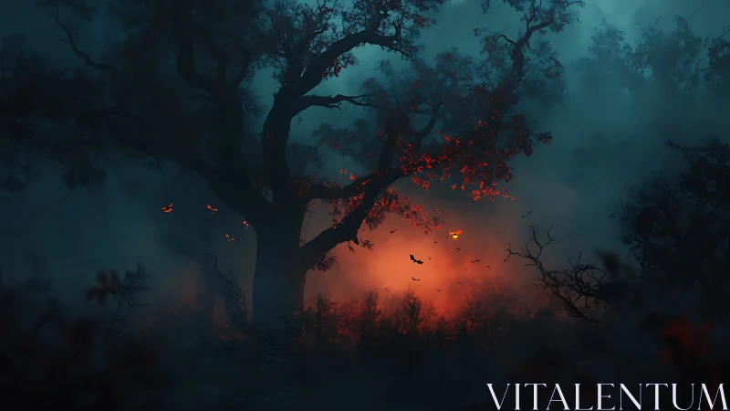 Cinematic haunted grove with ember-lit spectral foliage composition.