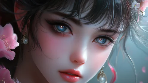Gentle blossom-eyed girl with pearl-kissed earrings.