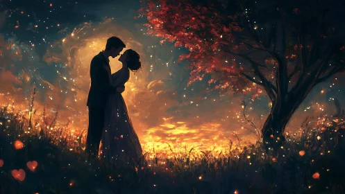 Silhouetted Embrace Under Golden Twilight Fire.