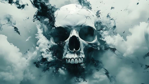Stormborn skull emerging from swirling dreamlike clouds.