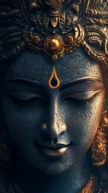 Serene blue goddess statue with golden sacred adornments.