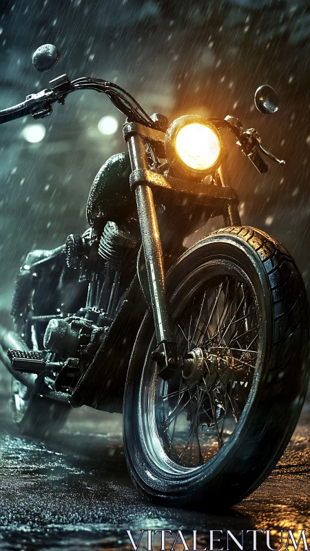 Custom cafe racer motorcycle in cinematic night rain scene.