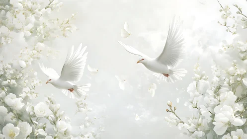 Digital painting of white doves in ethereal floral symmetry.