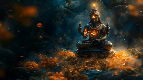 Serene deity statue glows amid swirling golden forest leaves