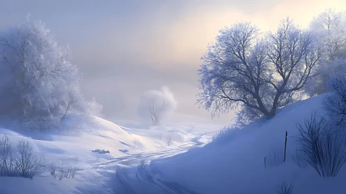 Whispering frostroad beneath a pastel winter sunrise.