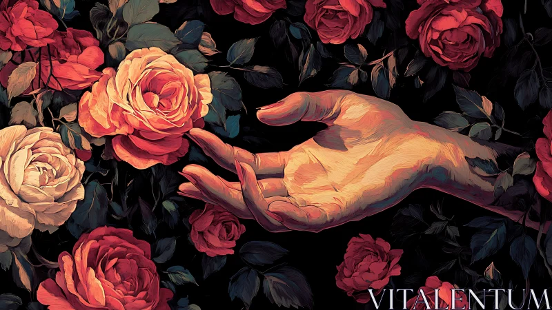 Hand extended toward blooming roses in painterly chiaroscuro.