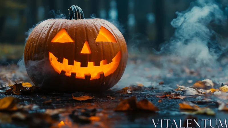 Lit jack o lantern on wet autumn ground with misty air.