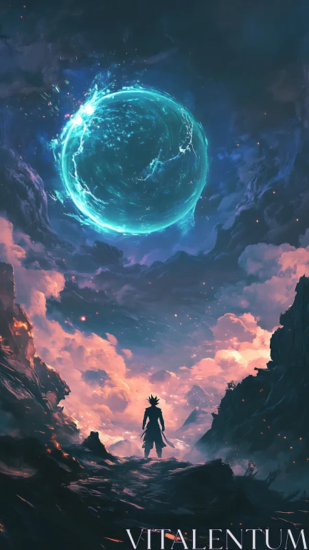 Solitary warrior observes luminous plasma sphere above ravine