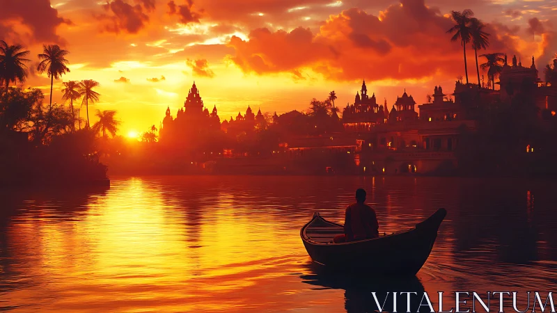 Golden river sunset embraces temple city and lone boatman.