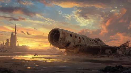 Sunset resting over a forgotten desert plane wreck.