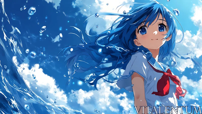 Blue haired anime girl stands near stylized ocean waves