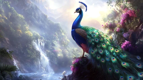 Majestic peacock overlooks misty waterfall valley at dawn
