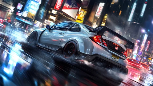 Midnight tuner rocket slicing neon rain in city streets.