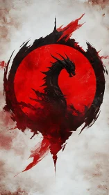 Circular crimson sigil frames a stylized black dragon silhouette