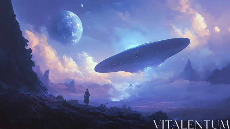 Starlit traveler gazes up at a glowing alien starship above