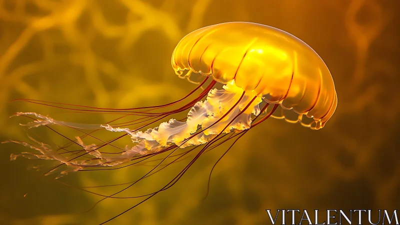 Orange jellyfish with extended tentacles in yellow water.