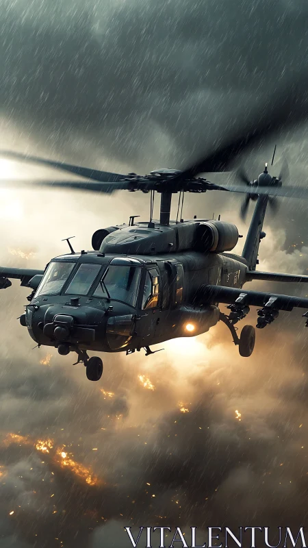 Attack helicopter in stormy combat airspace, rain and fire