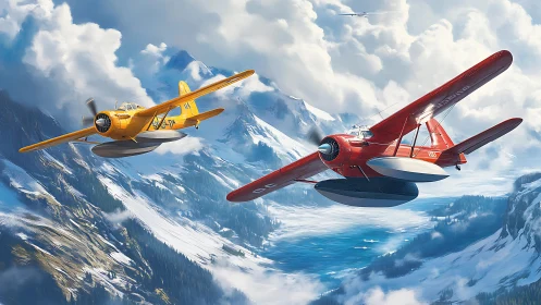 Digital painting of vintage seaplanes over alpine lake vista.