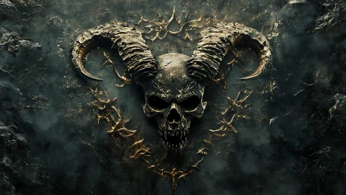 Horned demonic skull relief with corroded metallic surface detailing