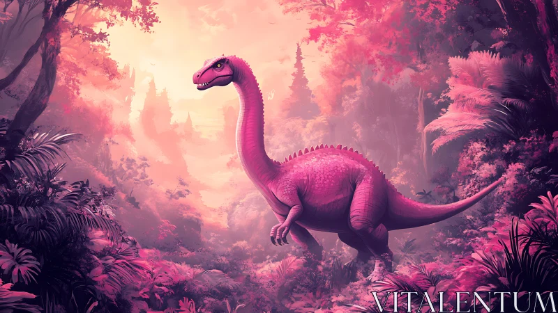 Pink sauropod dinosaur stands in dense stylized jungle habitat