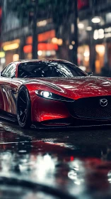 Red Mazda sports coupe under night rain in city street.