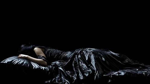 Person lies on glossy black bedding in low-key lighting