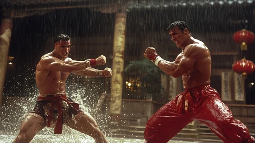 Cinematic martial arts duel staged in torrential courtyard rain