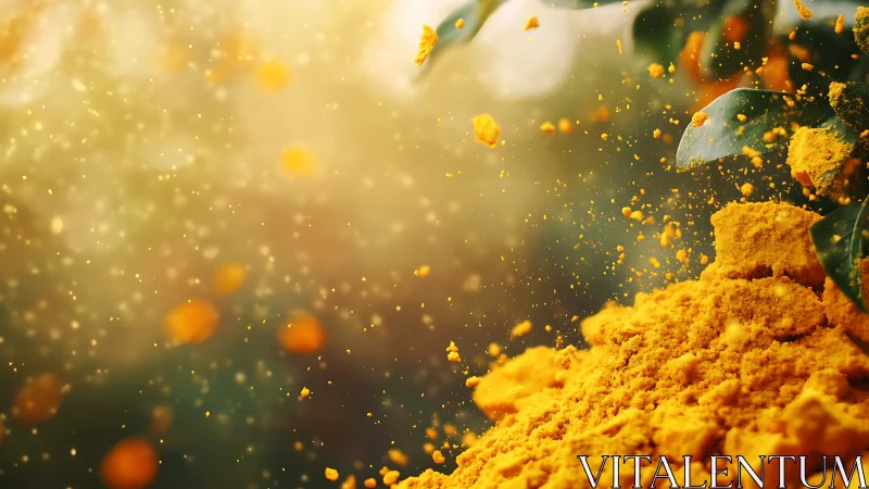 Golden spice powder in dynamic scattering sunlight burst.