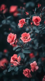 Coral roses branch bokeh composition highlighting delicate bloom forms