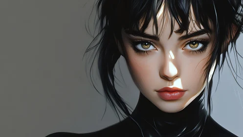 Shadow-sliced gaze of a midnight muse in obsidian turtleneck.