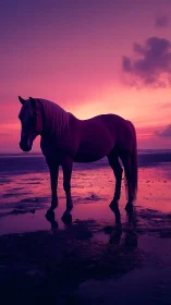Silhouetted horse stands on wet shoreline at colored sunset