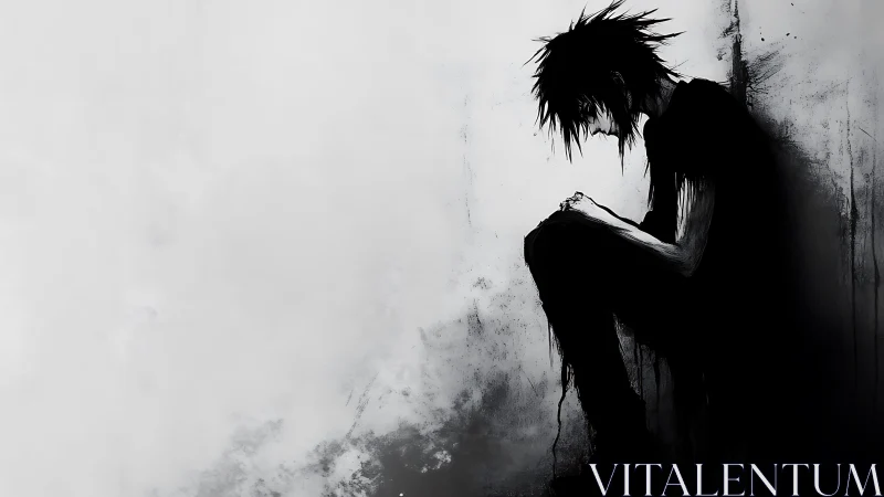 Shadow-curled loner dissolves into a washed-out quiet void.