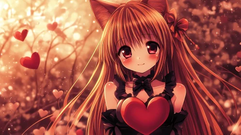 Cat-eared anime girl glows in a warm, heartlit evening forest