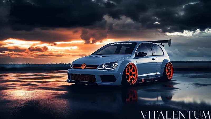 Stormlit hatchback prowls wet tarmac in neon-tinted twilight