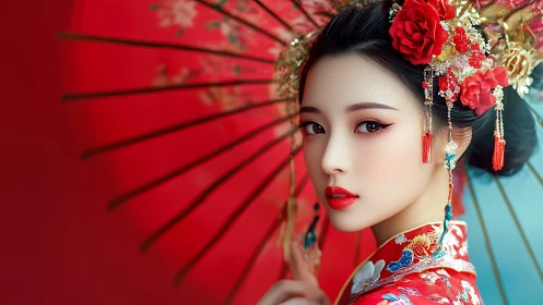 Digital portrait of woman in ornate hanfu with red parasol