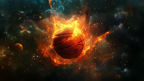Basketball burns with intense flames in a deep space scene