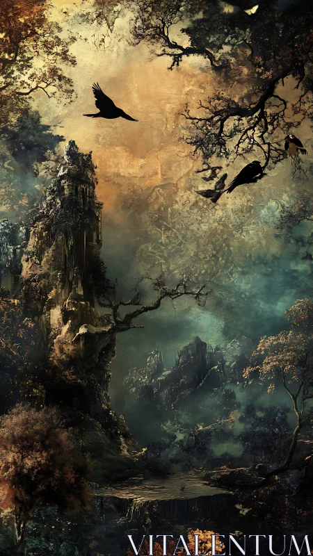 Aerial corvid silhouettes over eroded arboreal spirescape.