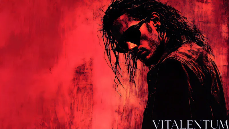Brooding man in sunglasses stands against textured red void
